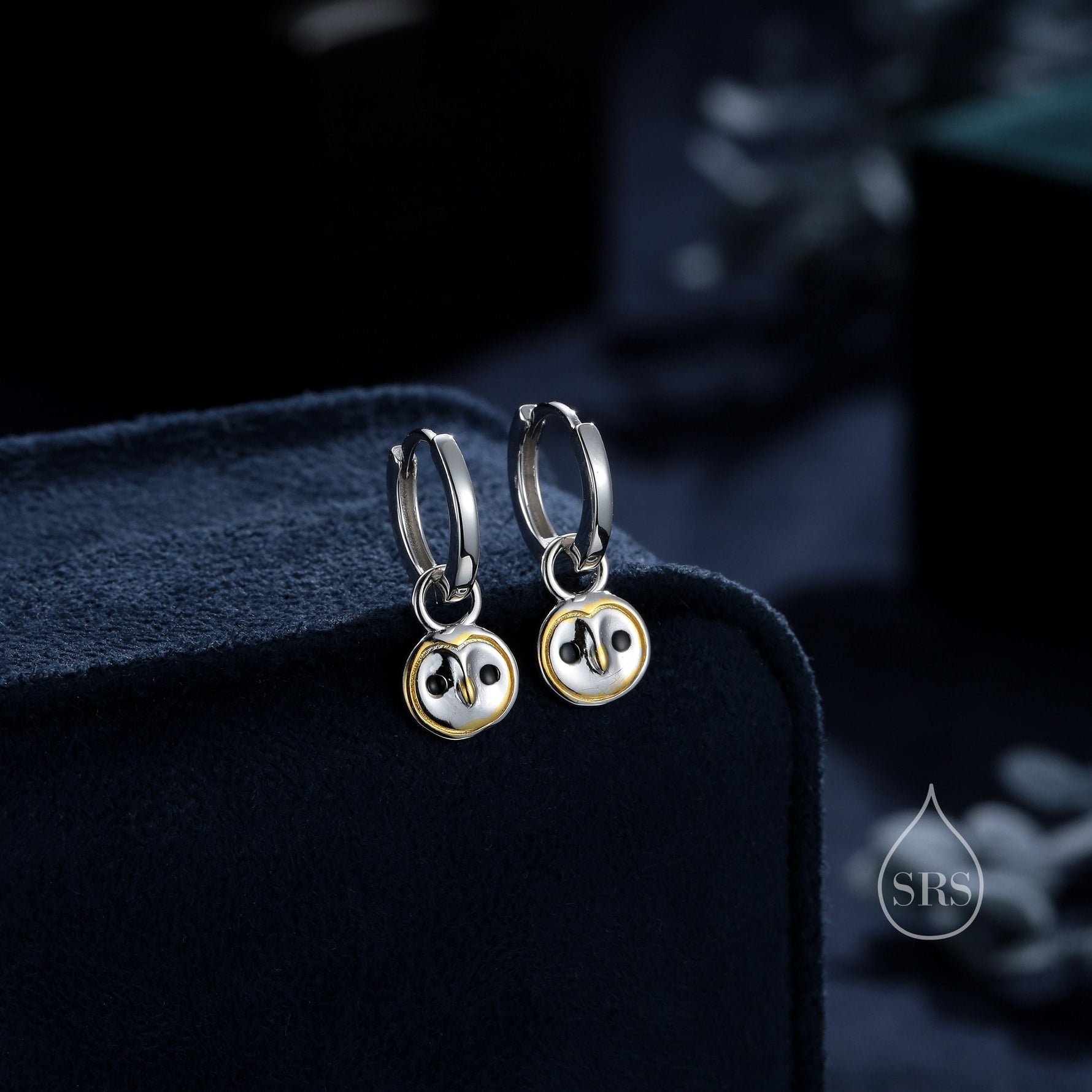 Super Cute Barn Owl Huggie Earrings in Sterling Silver - Cute Baby Owl Huggie Hoops, Detachable Owl Charm Hoops
