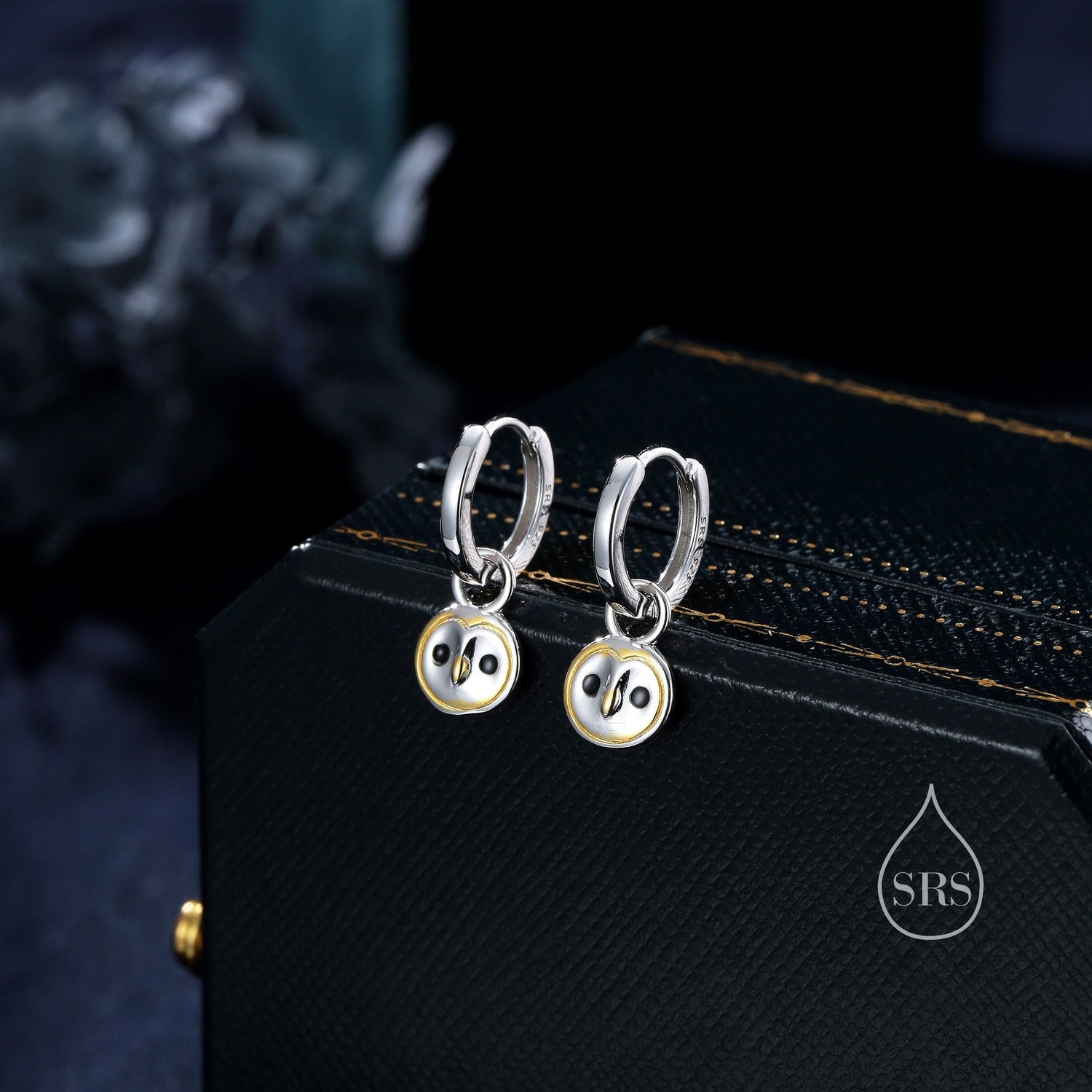 Super Cute Barn Owl Huggie Earrings in Sterling Silver - Cute Baby Owl Huggie Hoops, Detachable Owl Charm Hoops