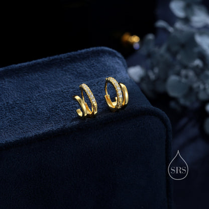 Single Piercing Double Hoop Effect Earrings in Sterling Silver, CZ Pave Hoop Earrings, Silver, Gold, Rose Gold, Dainty and Delicate