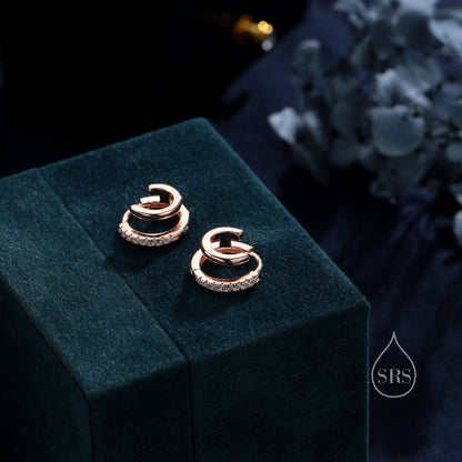 Single Piercing Double Hoop Effect Earrings in Sterling Silver, CZ Pave Hoop Earrings, Silver, Gold, Rose Gold, Dainty and Delicate