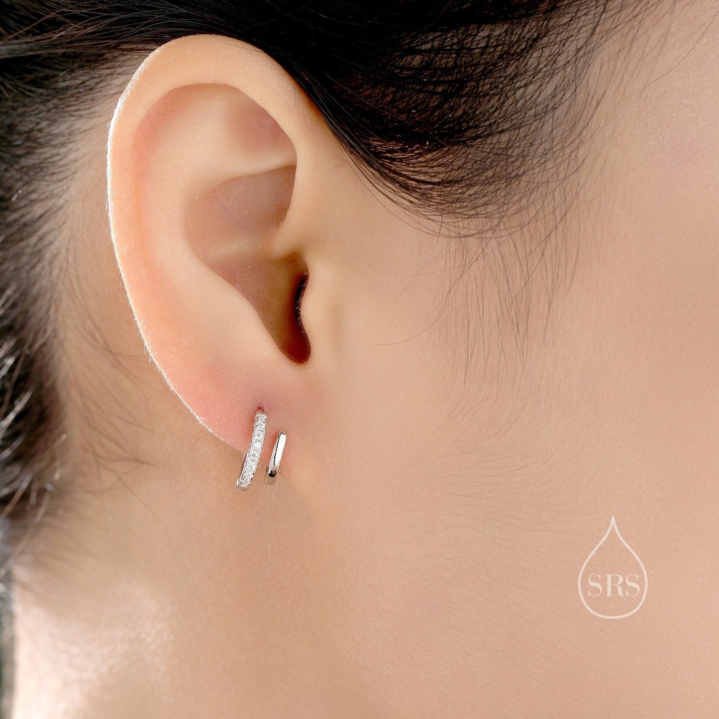 Single Piercing Double Hoop Effect Earrings in Sterling Silver, CZ Pave Hoop Earrings, Silver, Gold, Rose Gold, Dainty and Delicate
