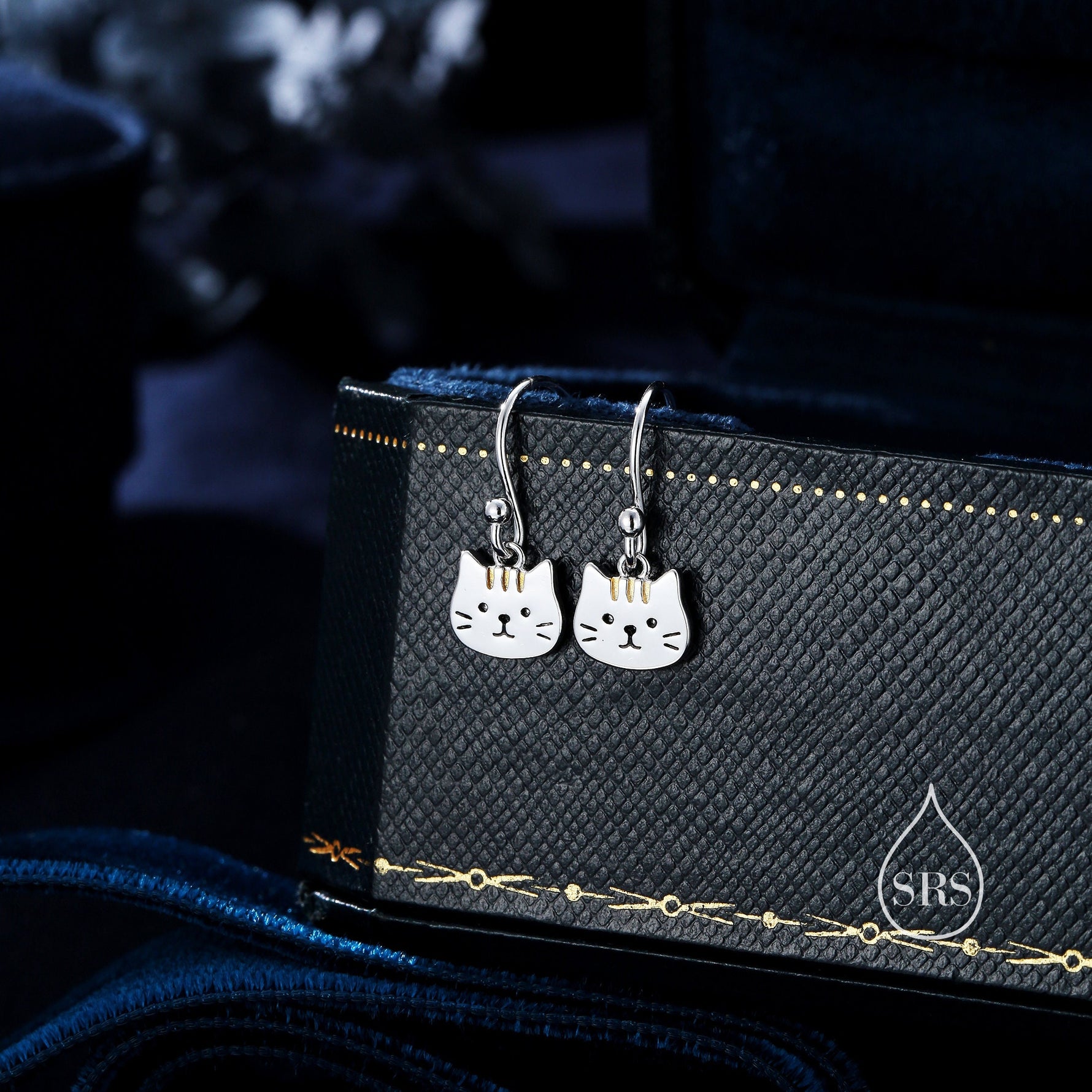 Super Cute Cat Drop Hook Earrings in Sterling Silver - Cute Cat Drop Earrings, Cat Lover Gift, Cat Mum Gift, Cat Dangle Earrings