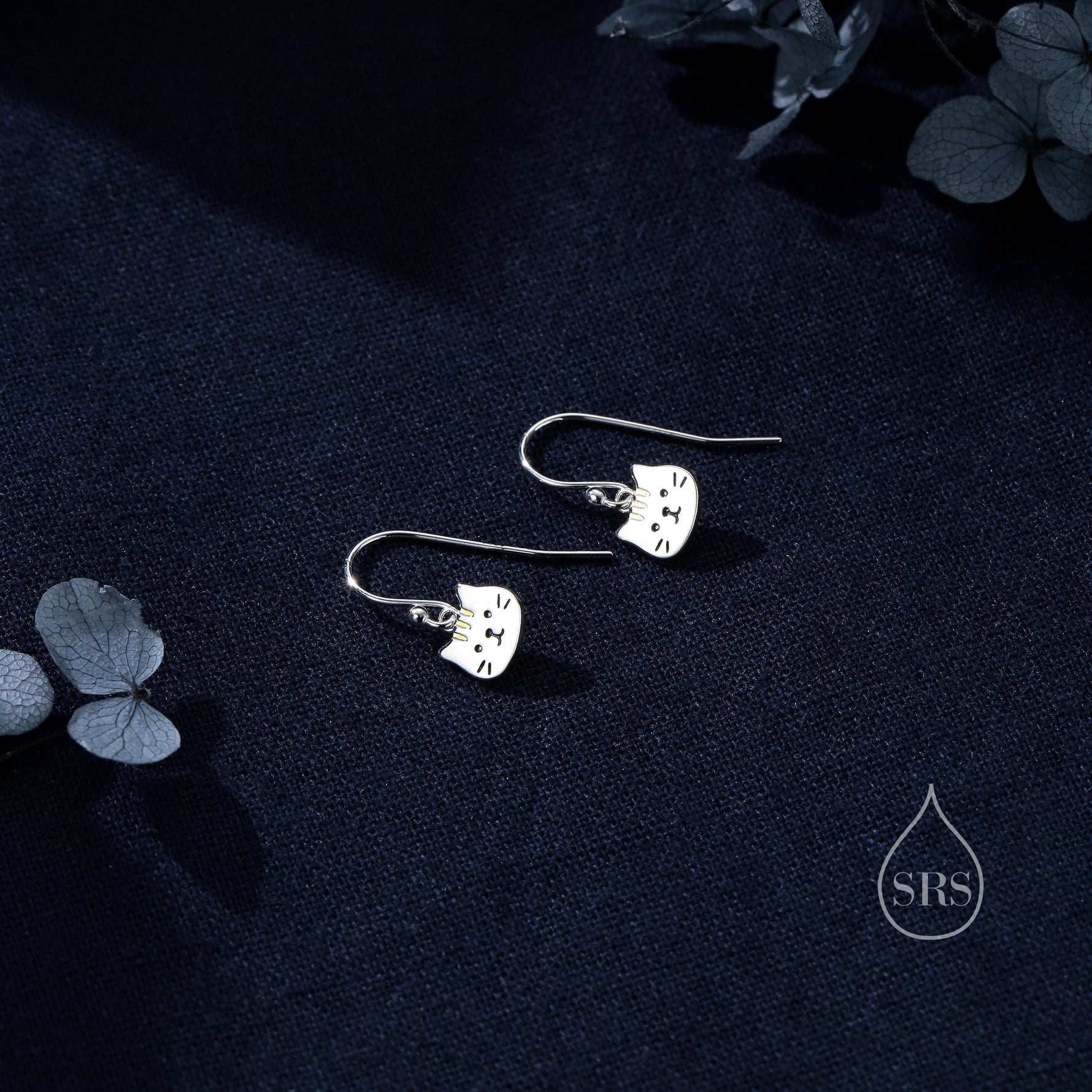 Super Cute Cat Drop Hook Earrings in Sterling Silver - Cute Cat Drop Earrings, Cat Lover Gift, Cat Mum Gift, Cat Dangle Earrings