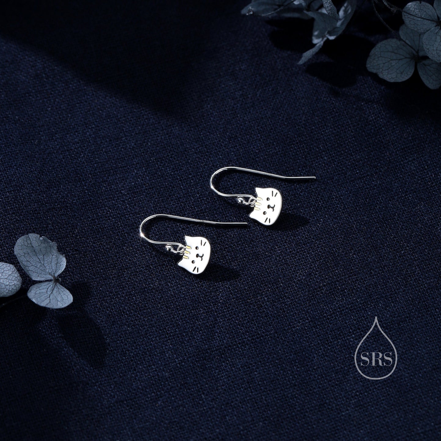 Super Cute Cat Drop Hook Earrings in Sterling Silver -  Cute Cat Drop Earrings, Cat Lover Gift, Cat Mum Gift, Cat Dangle Earrings