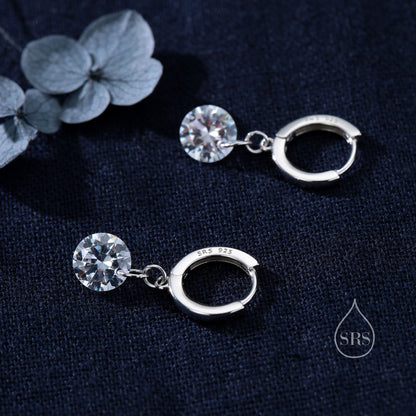 Dangle CZ Huggie Hoop Earrings in Sterling Silver, Silver or Gold, Delicate Sparky CZ Skinny Hoops