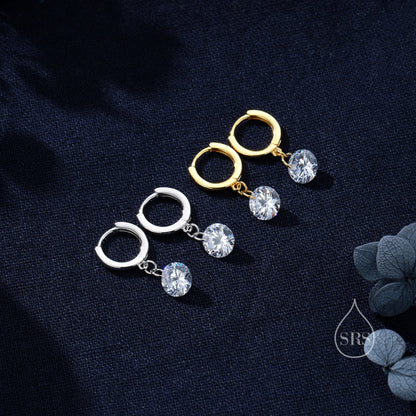 Dangle CZ Huggie Hoop Earrings in Sterling Silver, Silver or Gold, Delicate Sparky CZ Skinny Hoops