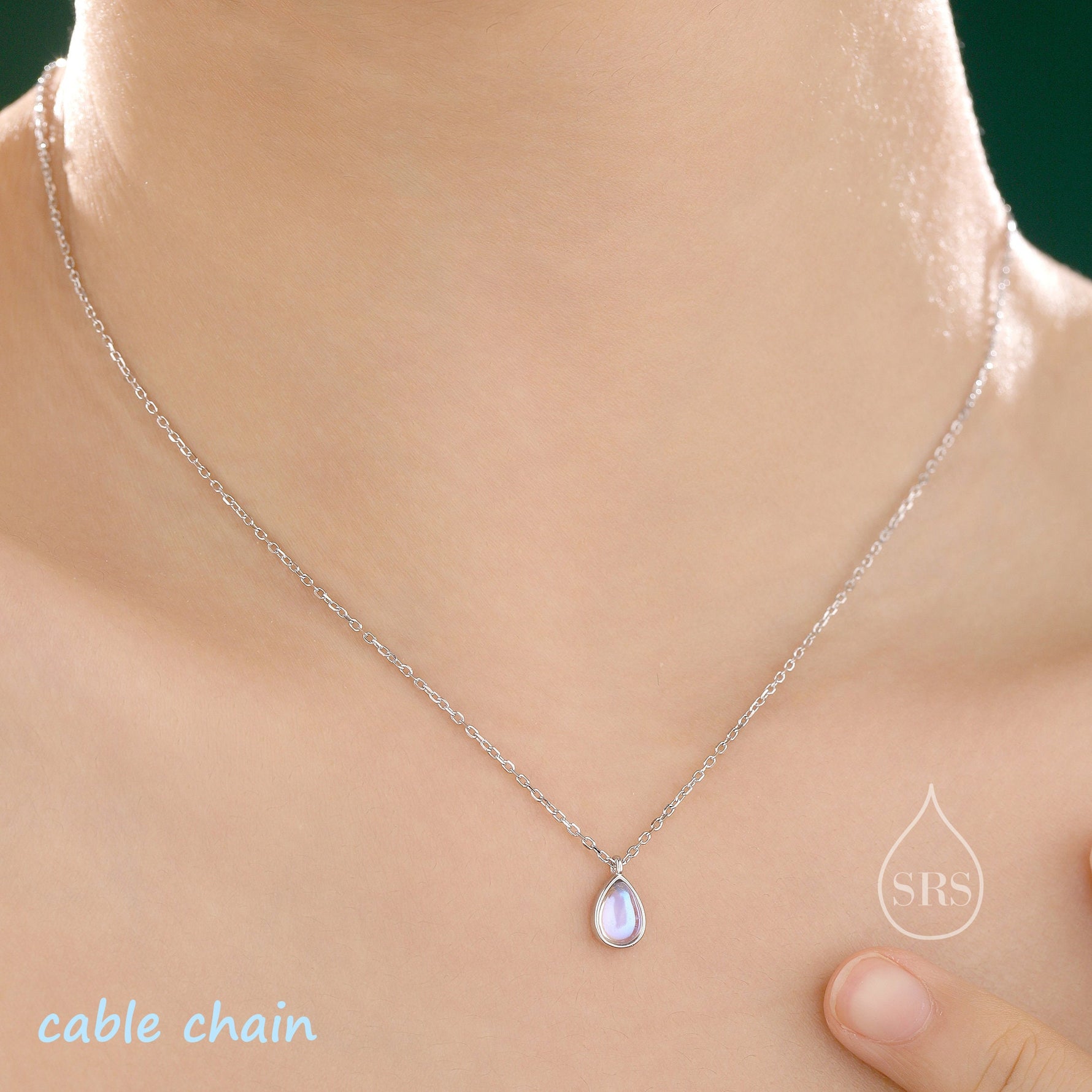 Aurora Moonstone Pendant Necklace in Sterling Silver, Three Chain Types Available, Droplet Pear Cut Simulated Moonstone Necklace