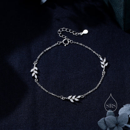 CZ Leaf Motif Bracelet in Sterling Silver, Silver or Gold, Crystal Olive Leaf Bracelet, Olive Branch Bracelet