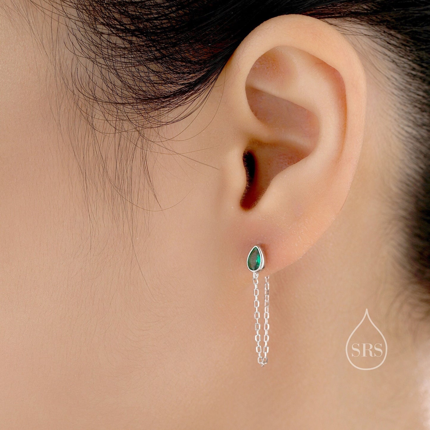 Tiny Emerald Green Droplet CZ Dangle Chain Stud Earrings in Sterling Silver, Silver or Gold, Pear Shape Ear Jacket, Front and Back Earrings