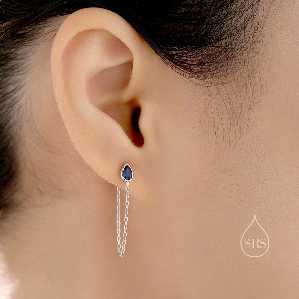 Sapphire Blue Droplet CZ Dangle Chain Ear Jackets