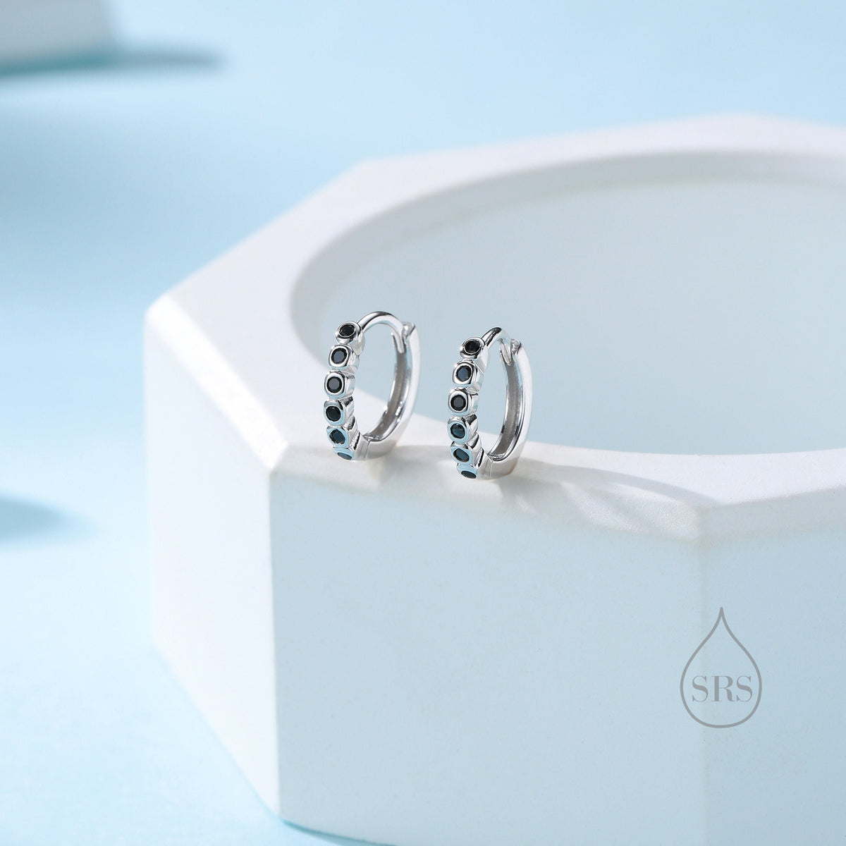 Black CZ Bezel Huggie Hoop in Sterling Silver, 8mm, Black CZ Hoops, Minimalist Simple Hoop Earrings, Black Hoops with Black CZ