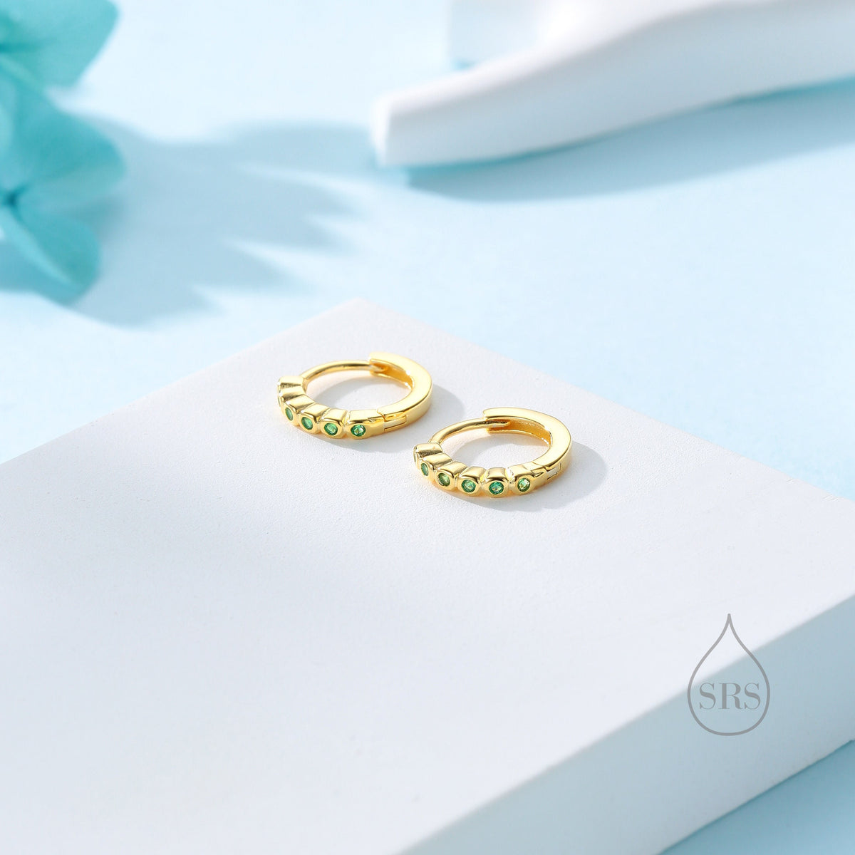 Emerald Green CZ Bezel Huggie Hoop in Sterling Silver, 8mm, Silver or Gold, Green Minimalist Simple Hoop Earrings, Green CZ Hoops