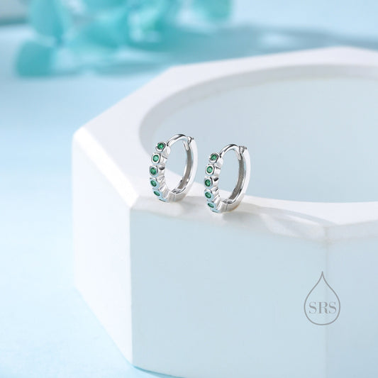 Emerald Green CZ Bezel Huggie Hoop in Sterling Silver, 8mm, Silver or Gold, Green Minimalist Simple Hoop Earrings, Green CZ Hoops