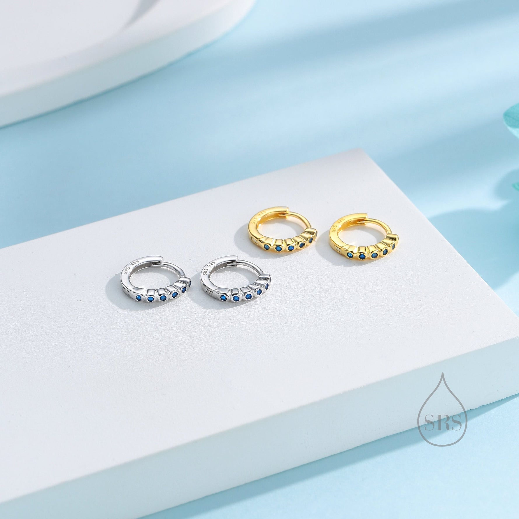 Sapphire Blue CZ Bezel Huggie Hoop in Sterling Silver, 8mm, Silver or Gold, Green Minimalist Simple Hoop Earrings, Green CZ Hoops