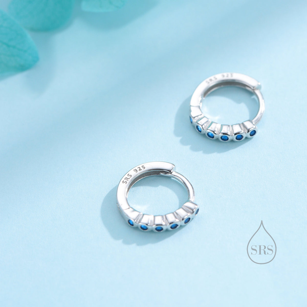 Sapphire Blue CZ Bezel Huggie Hoop in Sterling Silver, 8mm, Silver or Gold, Green Minimalist Simple Hoop Earrings, Green CZ Hoops