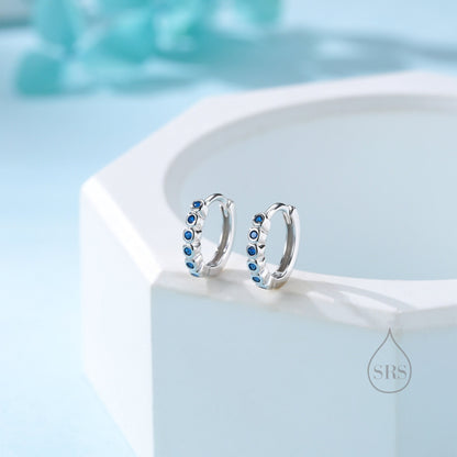 Sapphire Blue CZ Bezel Huggie Hoop in Sterling Silver, 8mm, Silver or Gold, Green Minimalist Simple Hoop Earrings, Green CZ Hoops