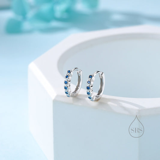 Sapphire Blue CZ Bezel Huggie Hoop in Sterling Silver, 8mm, Silver or Gold, Green Minimalist Simple Hoop Earrings, Green CZ Hoops