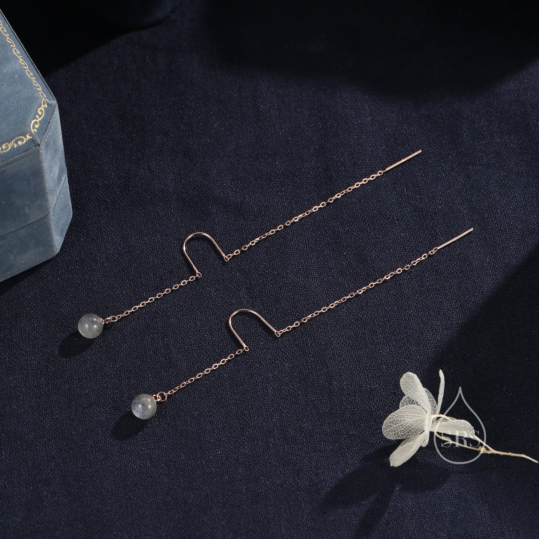 Genuine Labradorite U Shape Threader Earrings in Sterling Silver, Silver, Gold or Rose Gold, 6mm Labradorite Ball Ear Threaders