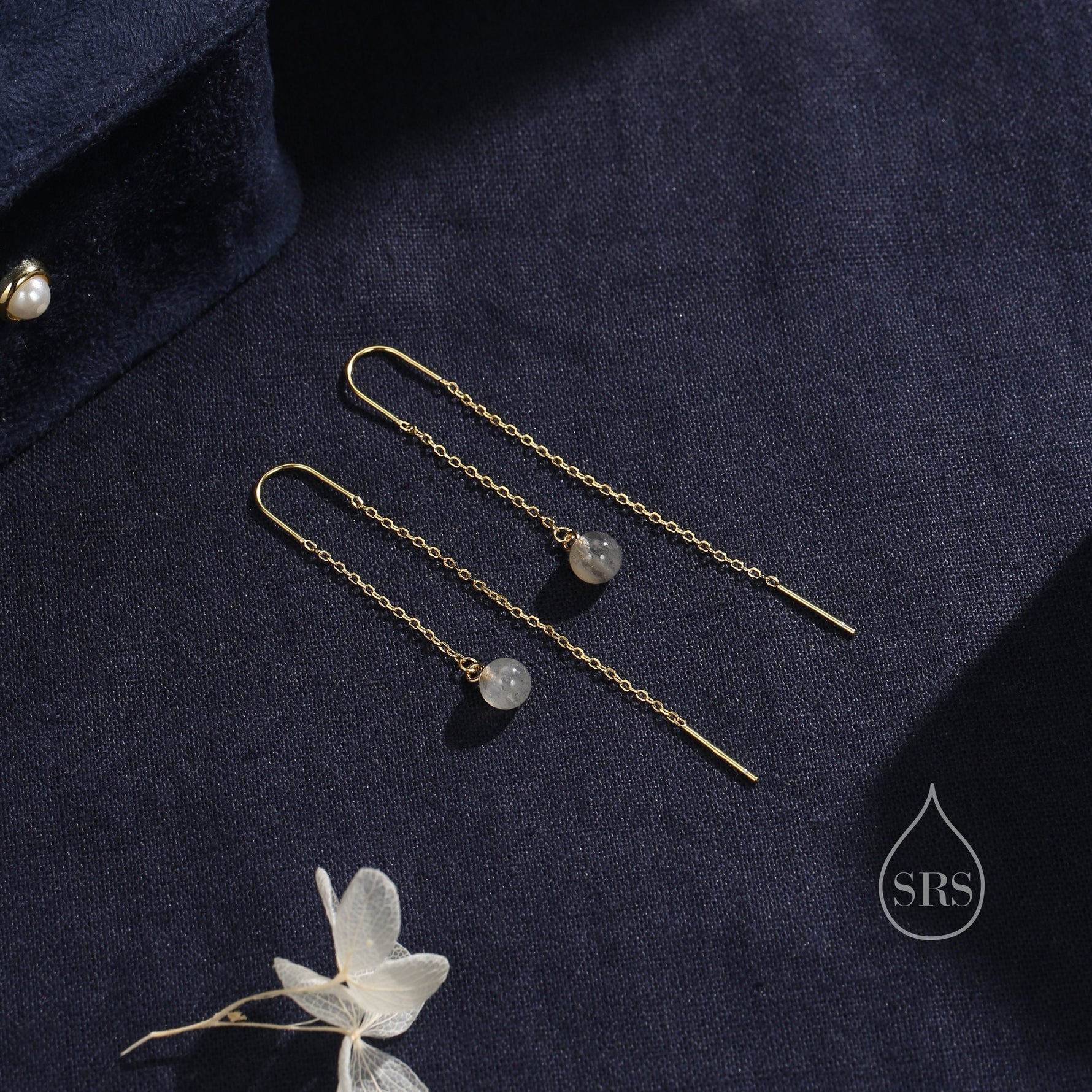 Genuine Labradorite U Shape Threader Earrings in Sterling Silver, Silver, Gold or Rose Gold, 6mm Labradorite Ball Ear Threaders