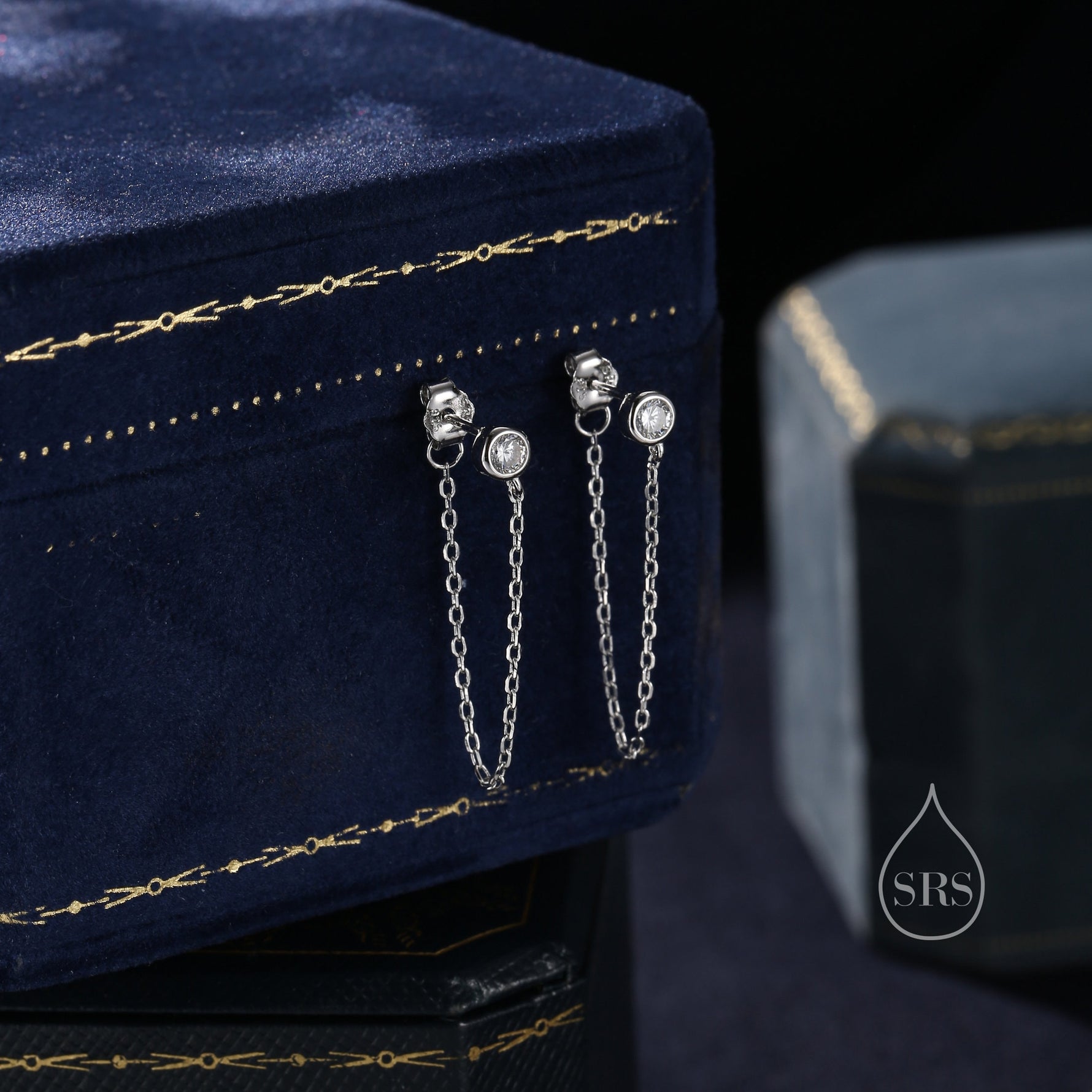Clear CZ Chain Ear Jacket in Sterling Silver, Silver or Gold, Front and Back Earrings, Two Part Earrings, Linking Chain Earrings