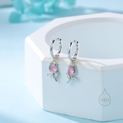 Tulip Flower Huggie Hoop Earrings in Sterling Silver, Silver or Gold, Delicate Tulip Flower Hoops,