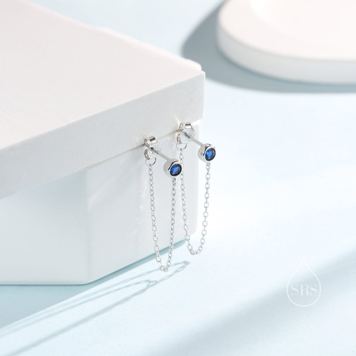 Sapphire Blue CZ Chain Ear Jacket in Sterling Silver, Silver or Gold, Front and Back Earrings, Two Part Earrings, Linking Chain Earrings