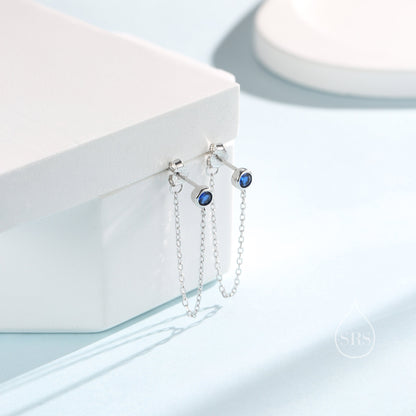 Sapphire Blue CZ Chain Ear Jacket in Sterling Silver,  Silver or Gold, Front and Back Earrings, Two Part Earrings, Linking Chain Earrings