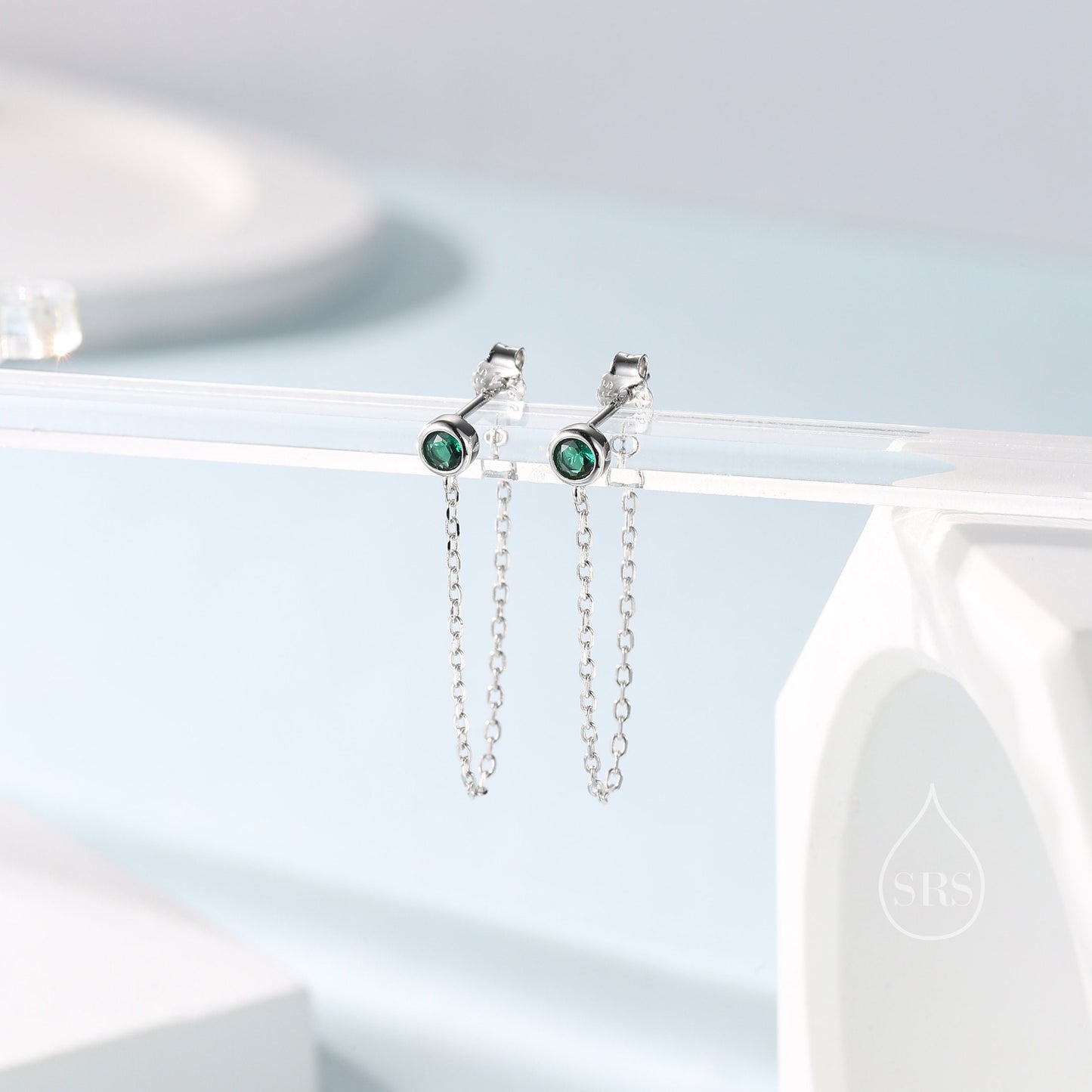 Emerald Green CZ Chain Ear Jacket in Sterling Silver,  Silver or Gold, Front and Back Earrings, Two Part Earrings,  Linking Chain Earrings