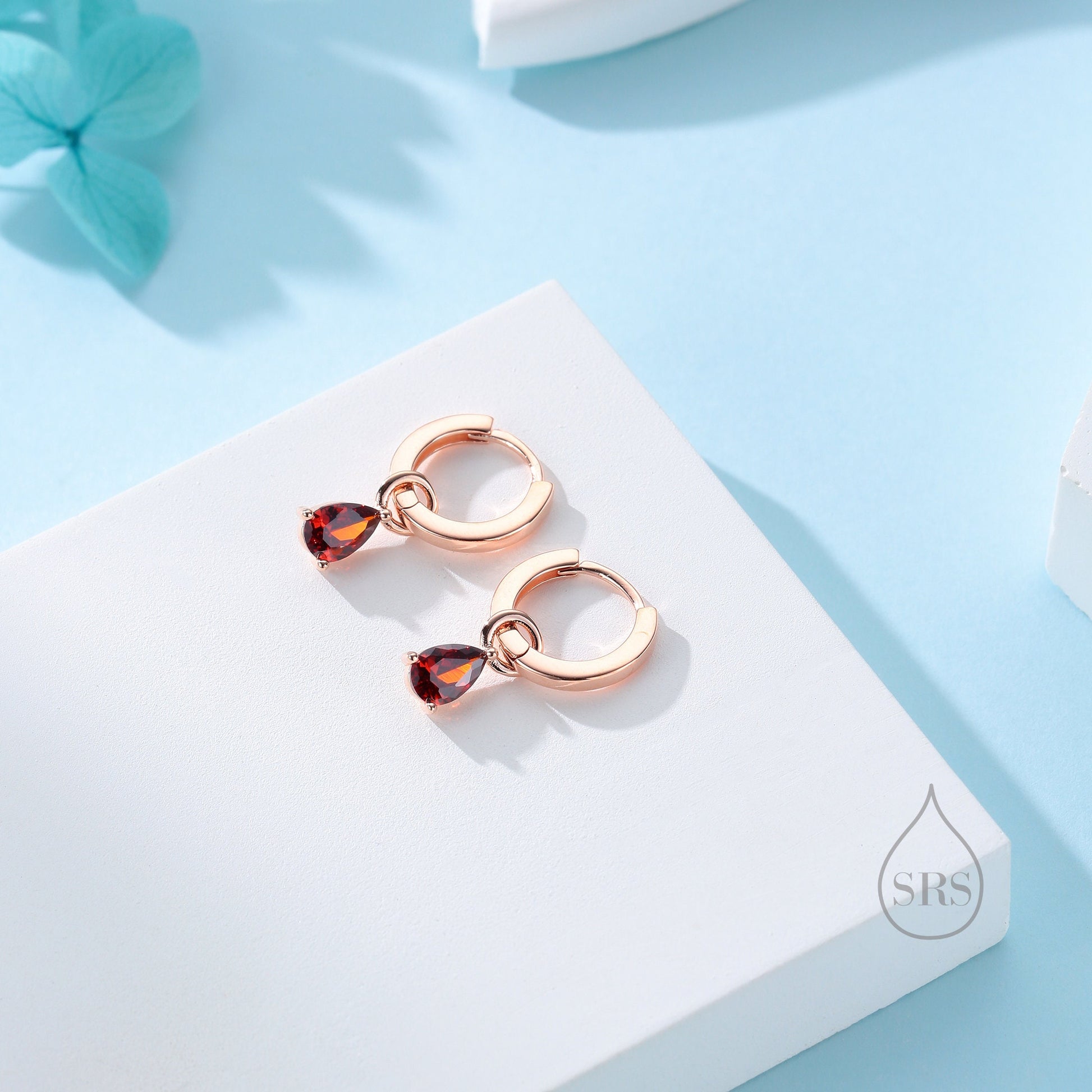 Sterling Silver Garnet Red CZ Droplet Hoop Earrings, Silver, Gold or Rose Gold, Pear Cut Drop Earrings, Interchangeable Charms, January