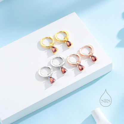 Sterling Silver Garnet Red CZ Droplet Hoop Earrings, Silver, Gold or Rose Gold, Pear Cut Drop Earrings, Interchangeable Charms, January