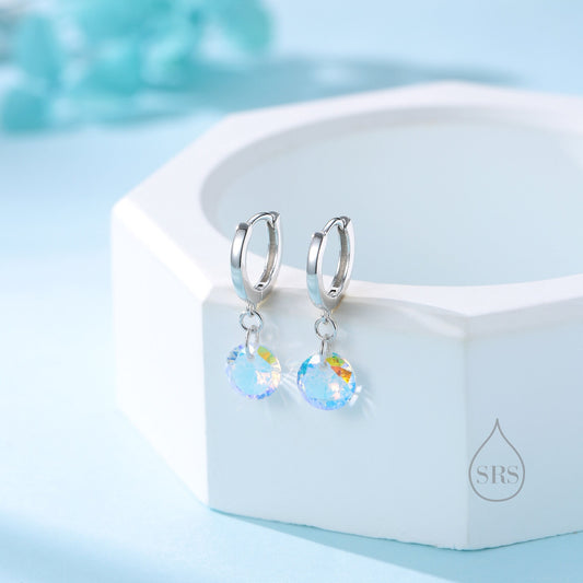 Dangle Aurora CZ Huggie Hoop Earrings in Sterling Silver, Silver or Gold, Delicate Sparky AB CZ Skinny Hoops, Colour Changing Crystal Hoops