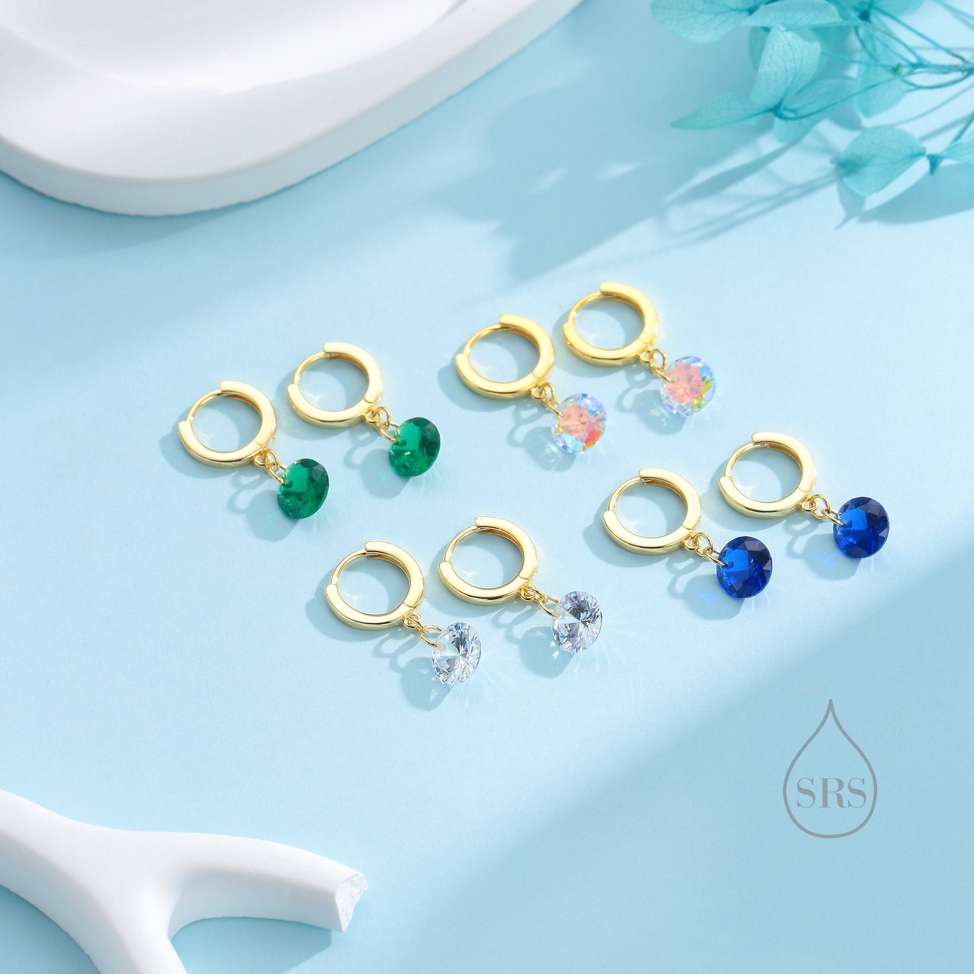 Dangle Emerald Green CZ Huggie Hoop Earrings in Sterling Silver, Silver or Gold, Delicate Sparky CZ Skinny Hoops, Dark Green Crystal Hoops