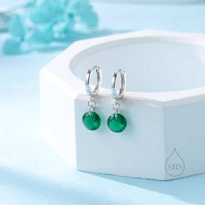 Dangle Emerald Green CZ Huggie Hoop Earrings in Sterling Silver, Silver or Gold, Delicate Sparky CZ Skinny Hoops, Dark Green Crystal Hoops