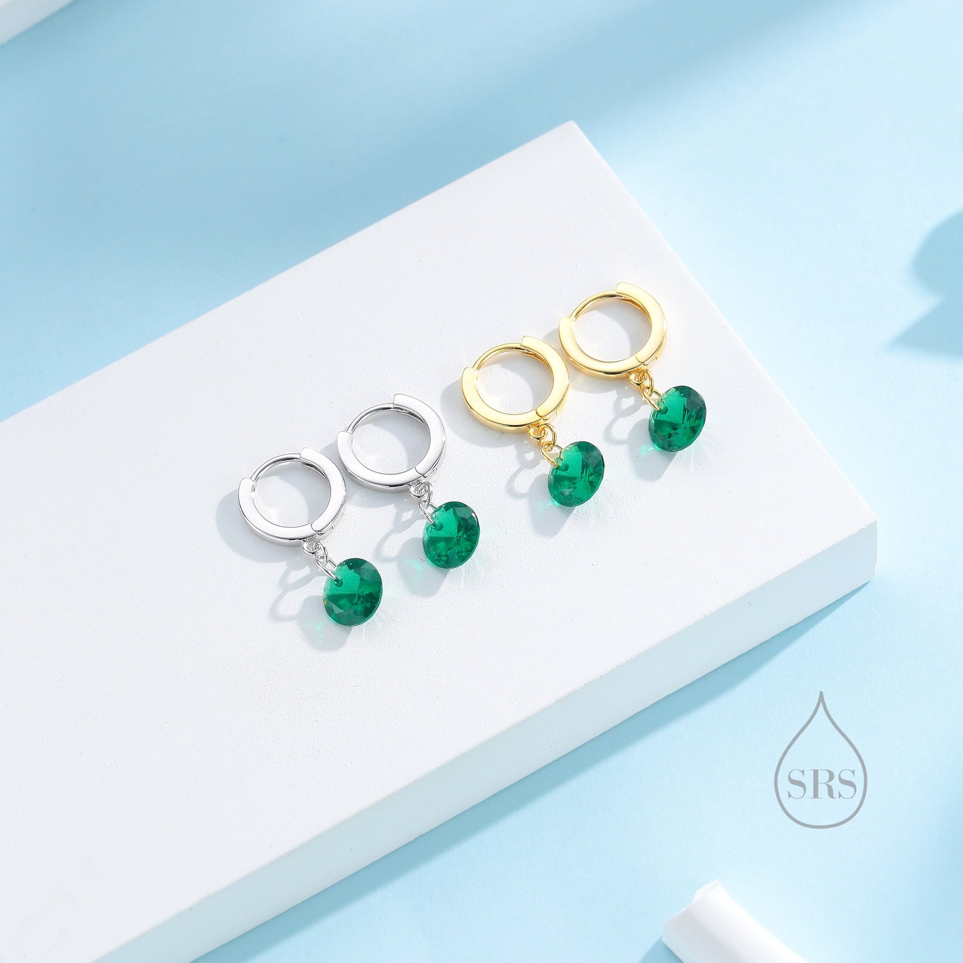 Dangle Emerald Green CZ Huggie Hoop Earrings in Sterling Silver, Silver or Gold, Delicate Sparky CZ Skinny Hoops, Dark Green Crystal Hoops