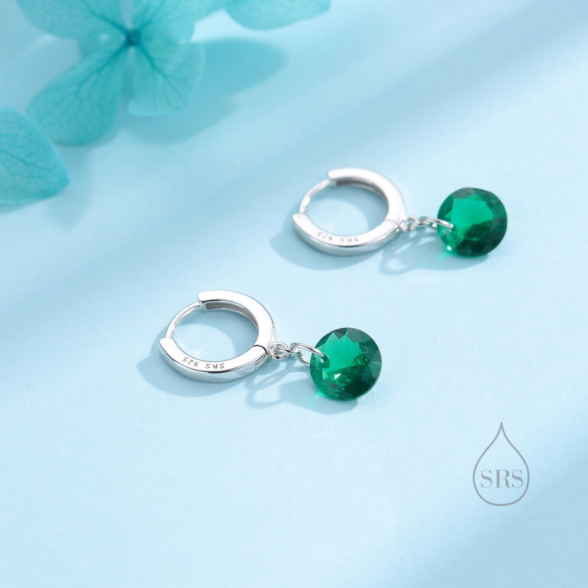 Dangle Emerald Green CZ Huggie Hoop Earrings in Sterling Silver, Silver or Gold, Delicate Sparky CZ Skinny Hoops, Dark Green Crystal Hoops