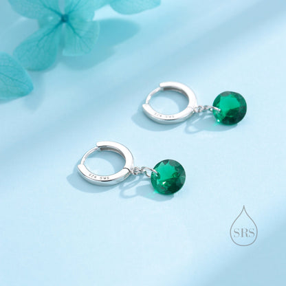 Dangle Emerald Green CZ Huggie Hoop Earrings in Sterling Silver, Silver or Gold, Delicate Sparky CZ Skinny Hoops, Dark Green Crystal Hoops