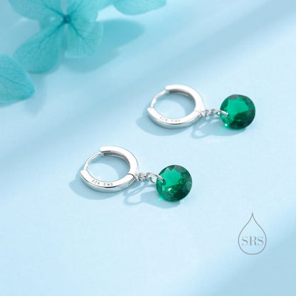 Dangle Emerald Green CZ Huggie Hoop Earrings in Sterling Silver, Silver or Gold, Delicate Sparky  CZ Skinny Hoops, Dark Green Crystal Hoops