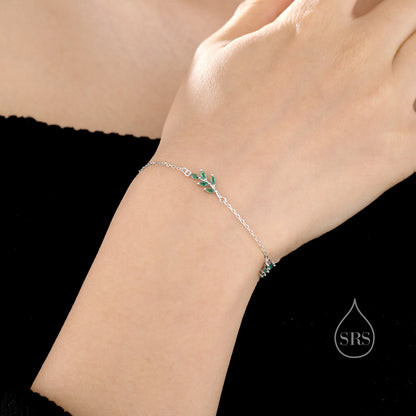 Emerald Green CZ Leaf Motif Bracelet in Sterling Silver, Silver or Gold, Crystal Olive Leaf Bracelet, Olive Branch Bracelet