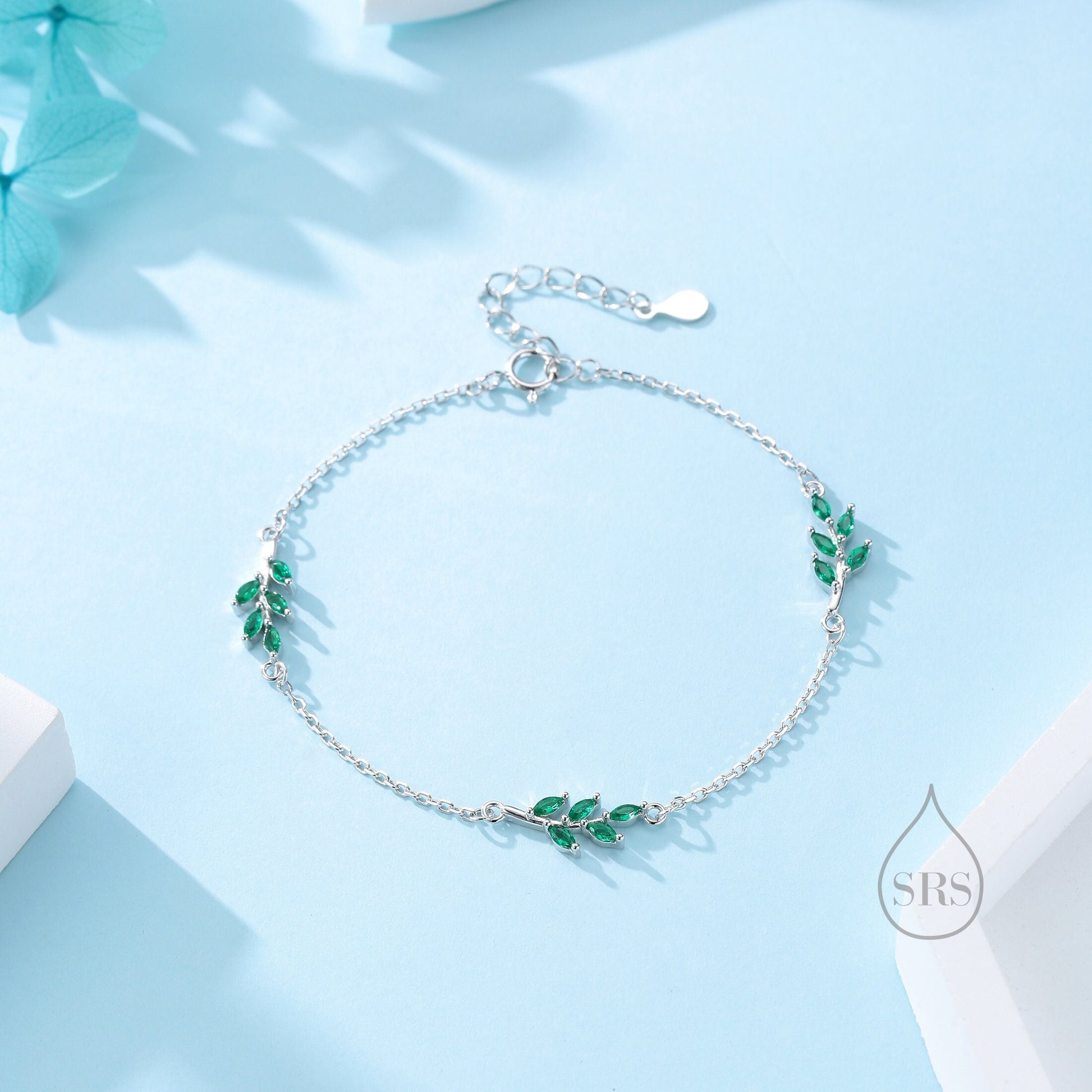 Emerald Green CZ Leaf Motif Bracelet in Sterling Silver, Silver or Gold, Crystal Olive Leaf Bracelet, Olive Branch Bracelet