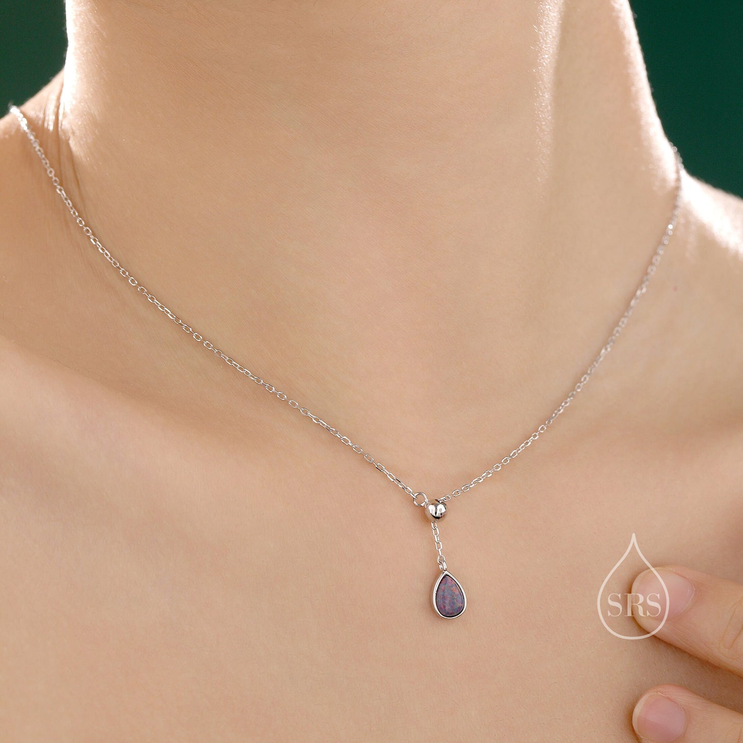 Delicate Purple Opal Droplet Lariat Pendant Necklace in Sterling Silver, Silver or Gold, Minimalist Pear Shape Lab Opal Adjustable Necklace