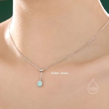 Delicate Aqua Green Opal Droplet Lariat Pendant Necklace in Sterling Silver, Silver or Gold, Pear Shape Lab Opal Adjustable Necklace