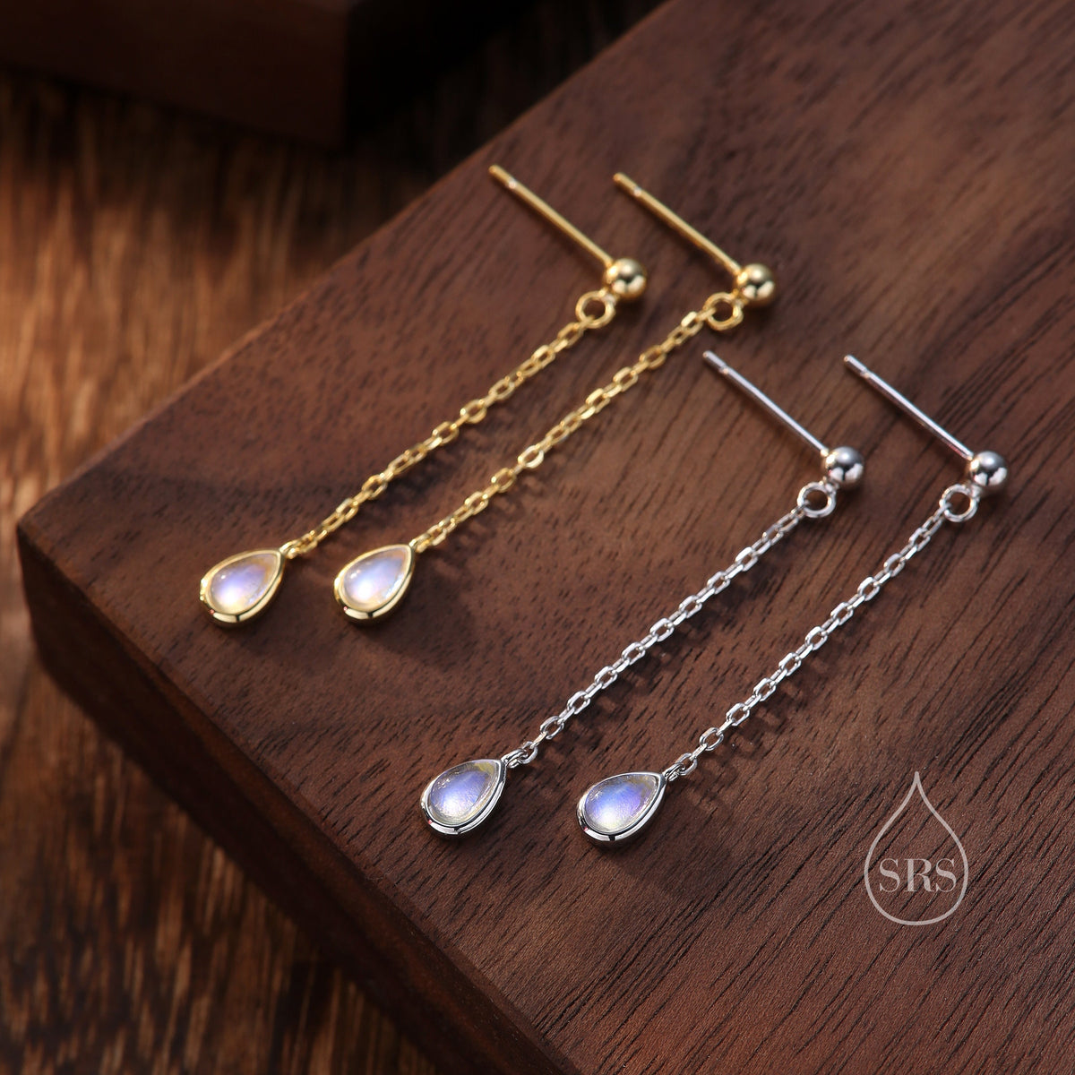 Sterling Silver Tiny Moonstone Droplet Drop Stud Earrings, Silver or Gold, Lab Moonstone Dangle Chain Earrings