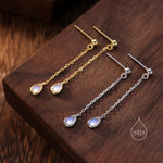 Sterling Silver Tiny Moonstone Droplet Drop Stud Earrings, Silver or Gold, Lab Moonstone Dangle Chain Earrings