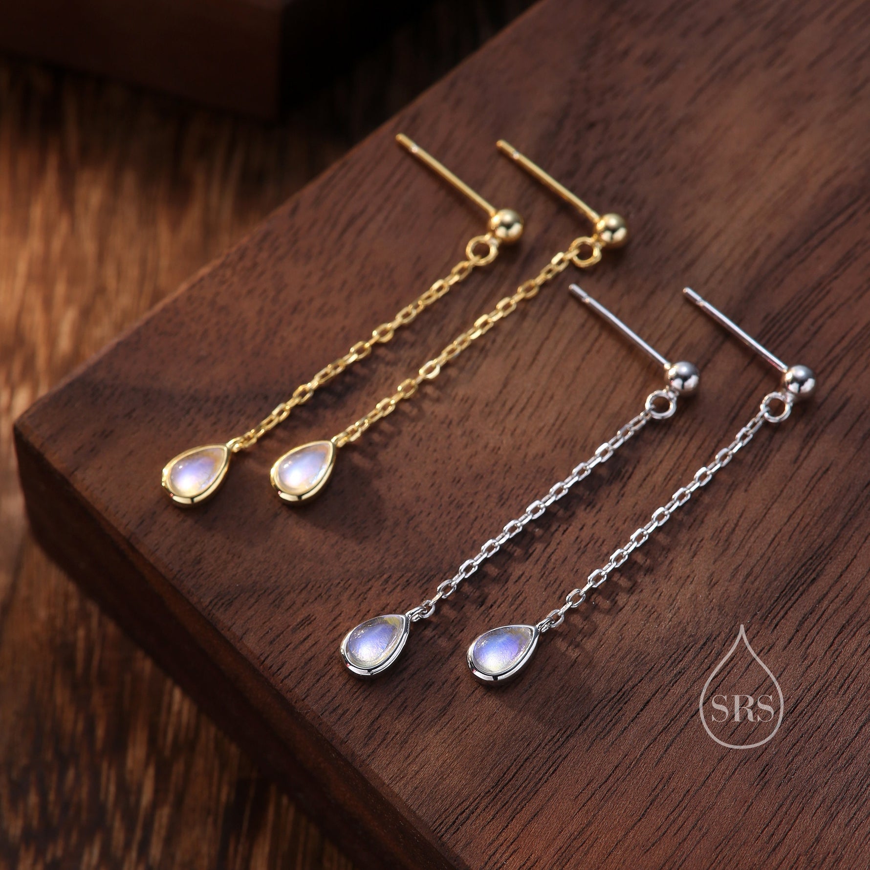 Sterling Silver Tiny Moonstone Droplet Drop Stud Earrings, Silver or Gold, Lab Moonstone Dangle Chain Earrings