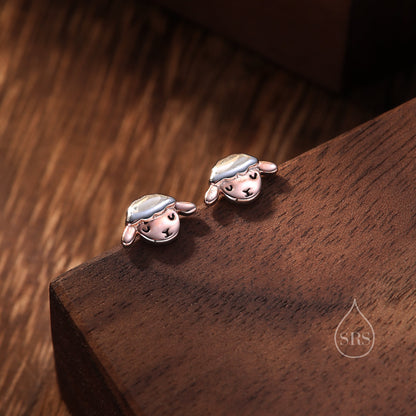 Two Tone Sheep Stud Earrings in Sterling Silver, Fluffy Sheep Face Earrings, Nature Inspired Sheep Head Earrings, Pet Lover