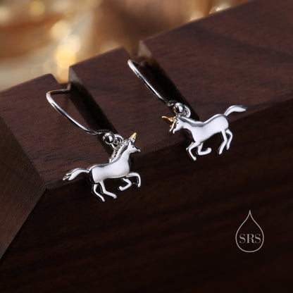 Unicorn Drop Hook Earrings in Sterling Silver, Partial Gold Plate, Unicorn Dangle Earrings, Unicorn Horse Earrings,