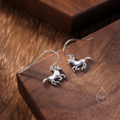 Unicorn Drop Hook Earrings in Sterling Silver, Partial Gold Plate, Unicorn Dangle Earrings, Unicorn Horse Earrings,