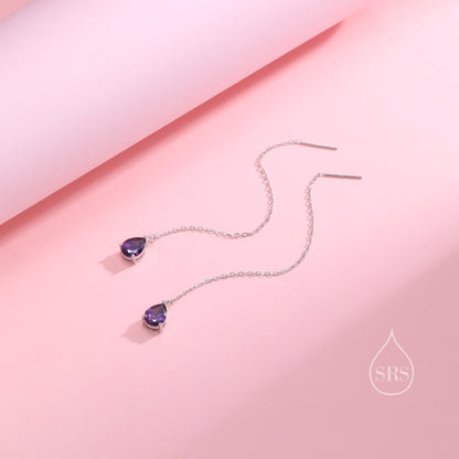 Amethyst Purple Droplet Threader Earrings in Sterling Silver, Silver or Gold, Pear Cut CZ Long Ear Threaders, Sparkly CZ Threaders