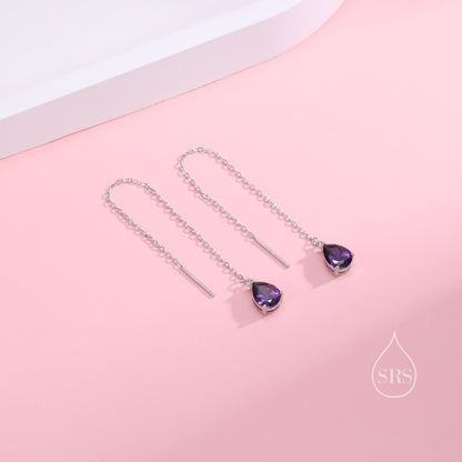 Amethyst Purple Droplet Threader Earrings in Sterling Silver, Silver or Gold, Pear Cut CZ Long Ear Threaders, Sparkly CZ Threaders
