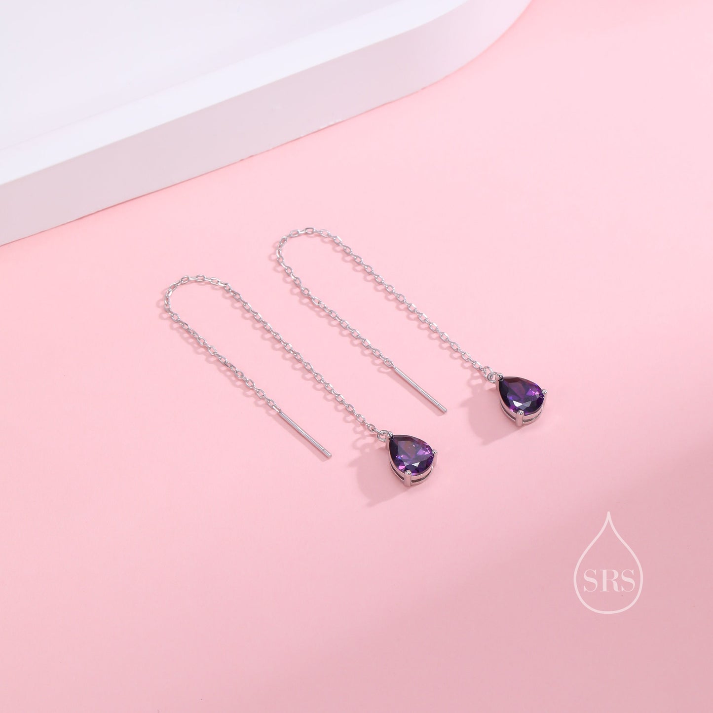 Amethyst Purple Droplet Threader Earrings in Sterling Silver, Silver or Gold, Pear Cut CZ Long Ear Threaders, Sparkly CZ Threaders
